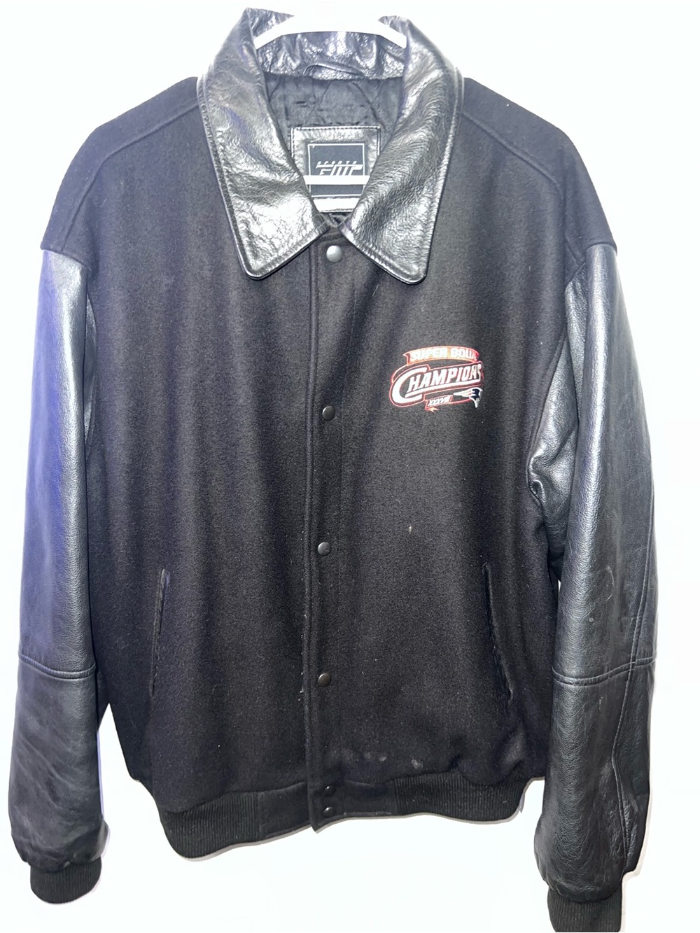 Patriots Super Bowl Black Wool Body Varsity Jacket with Leather Sleeves